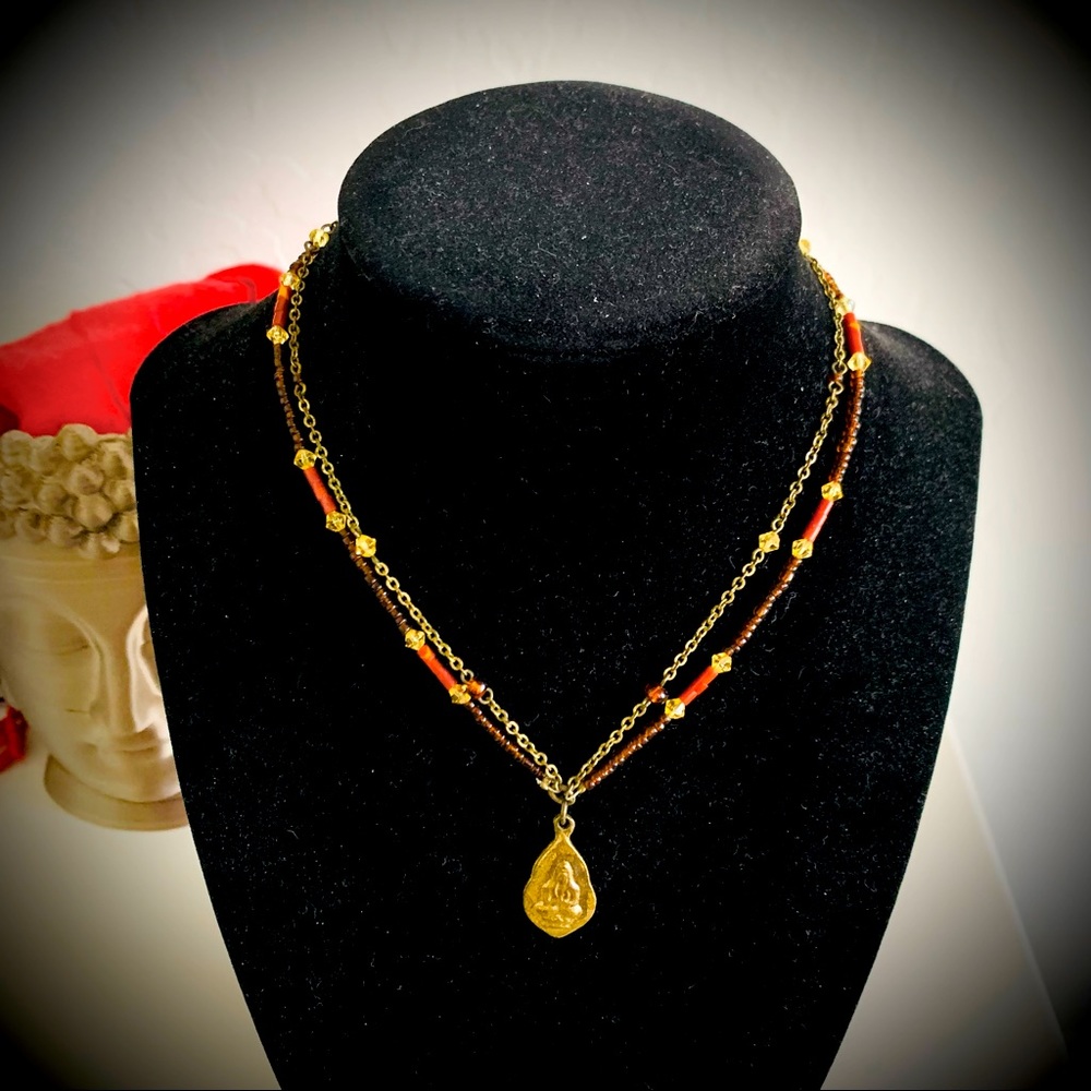 Double Stranded Brass Choker Necklace w. Mixed Beads & Buddha Amulet/Pendant